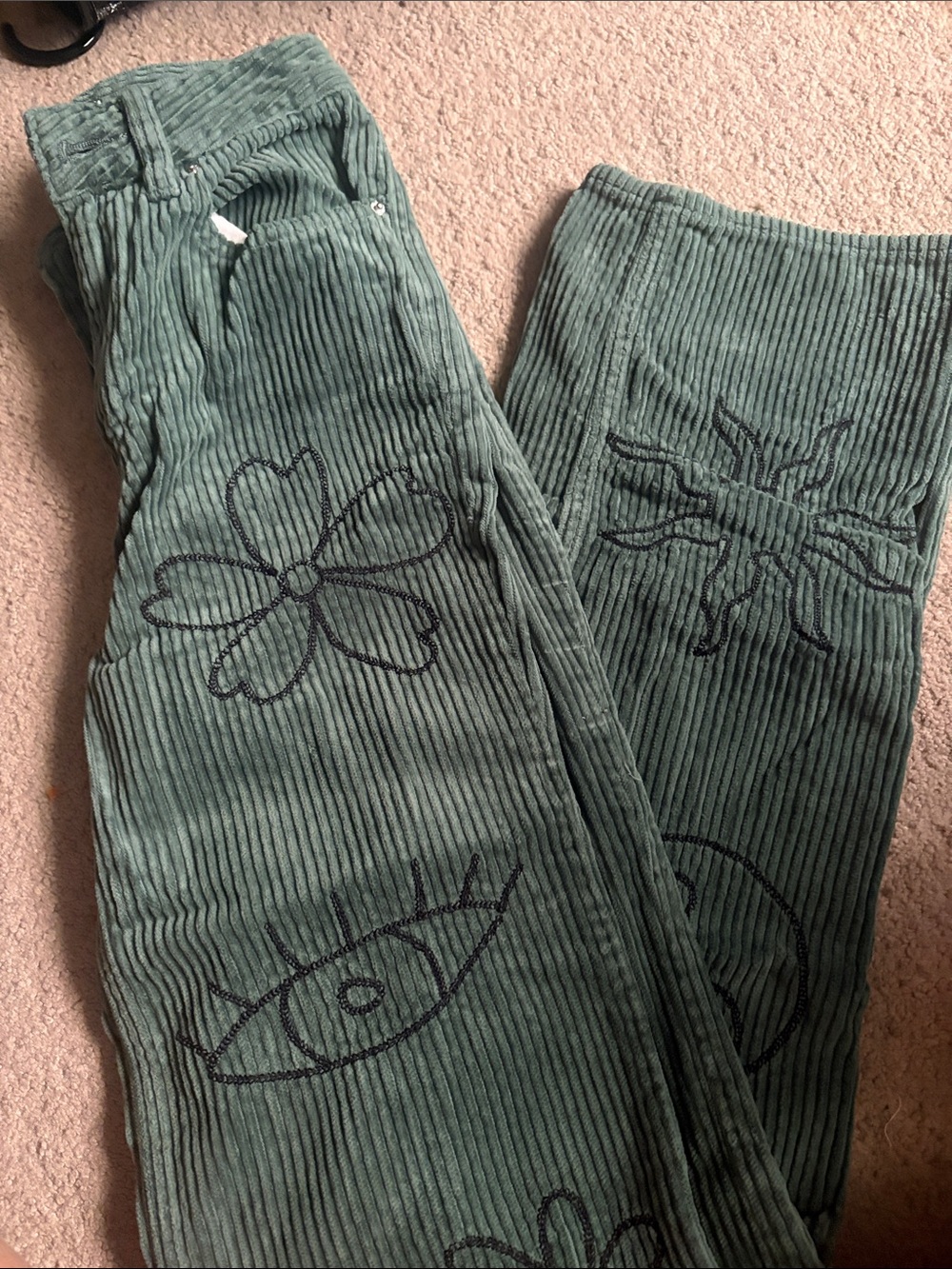 PacSun Green Corduroy Jeans with Floral & Eye Embroidery